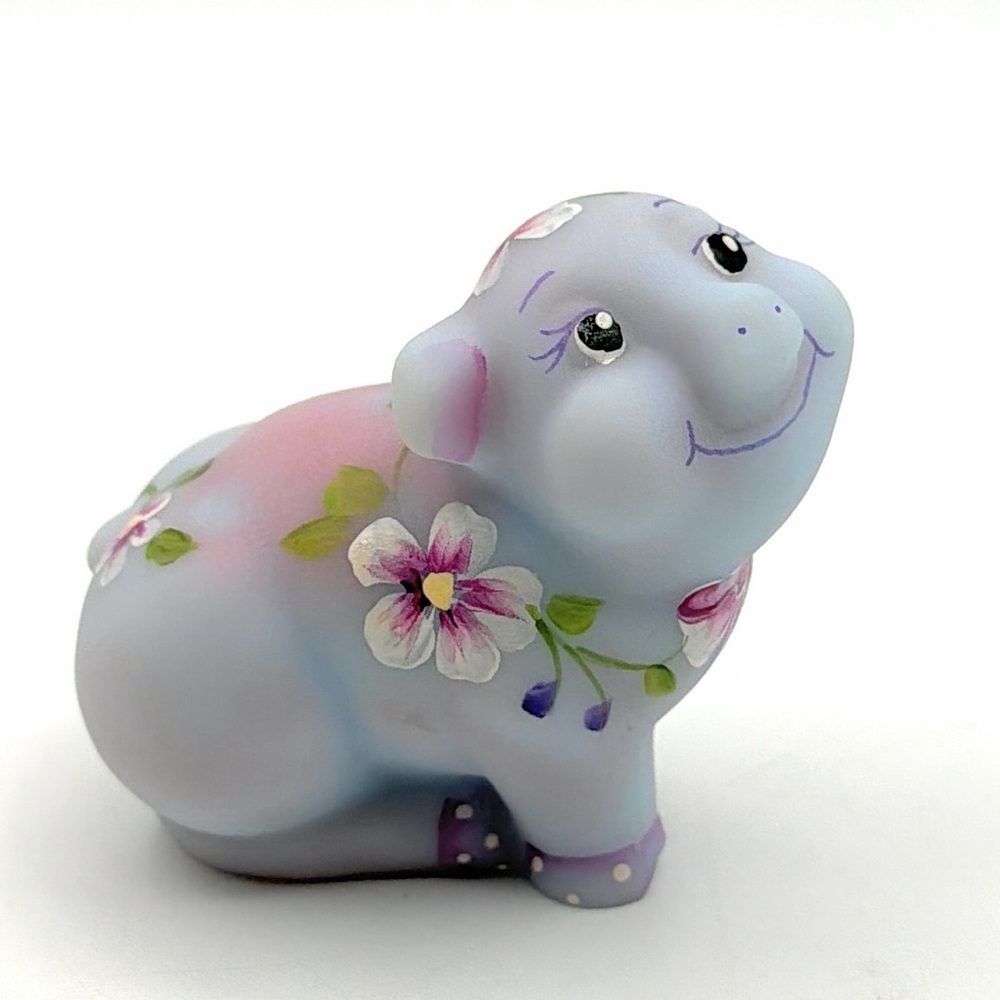 Fenton Lavender Burmese Pig Hand Painted Flowers & Bow Figurine Signed 2.5”H
